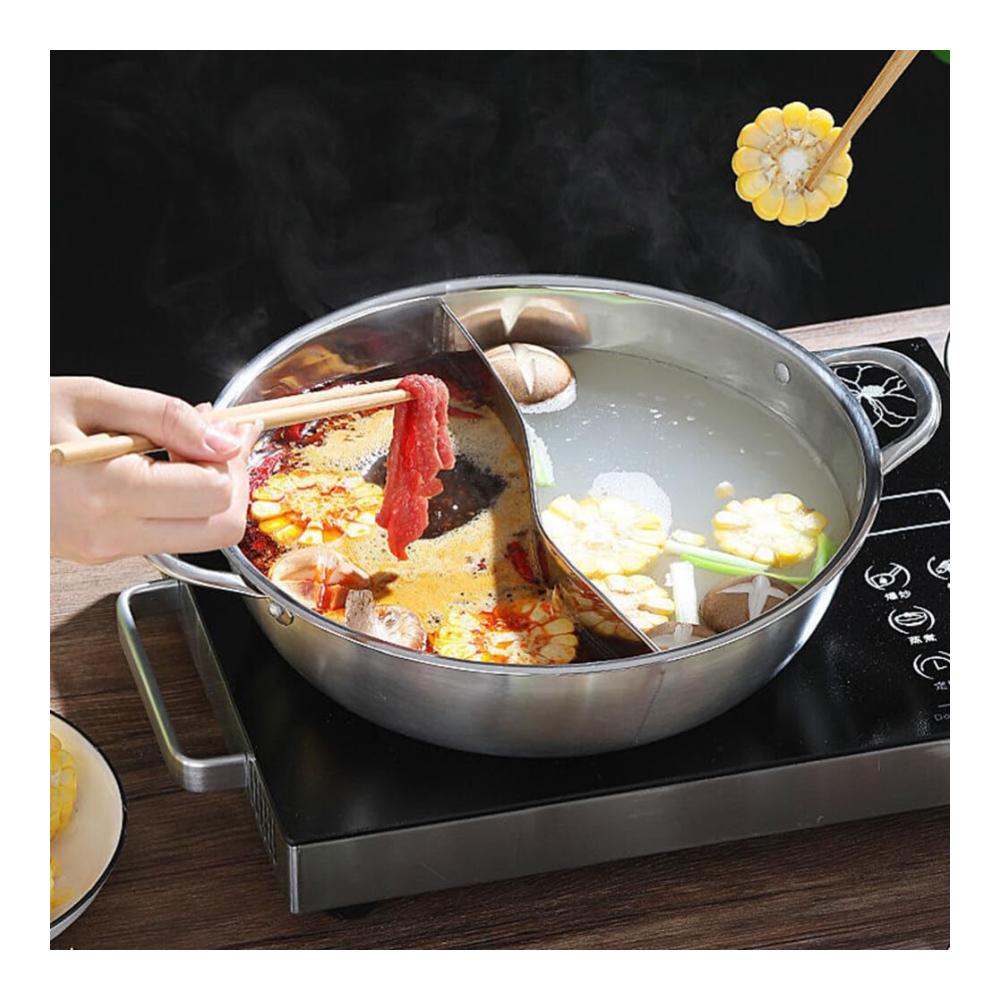 Edelstahl-Shabu-Hot Pot Set | 2-Fächer Chinesischer Suppentopf | 11 Zoll Induktions-Ramen-Kocher | Hochwertiges Kochgeschirr für Gasherd | Töpfe & Pfannen für köstliche Küchenerlebnisse