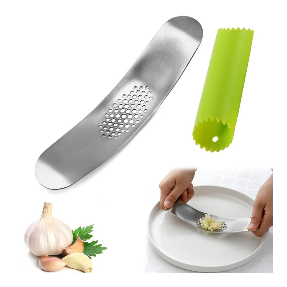 Premium Knoblauchpresse Set - Edelstahl Wippe mit Silikon-Schäler - Ergonomisches Design für müheloses Pressen - Inklusive 2 Werkzeugen zur Knoblauchherstellung - MOJOTIC Qualitätsgarantie