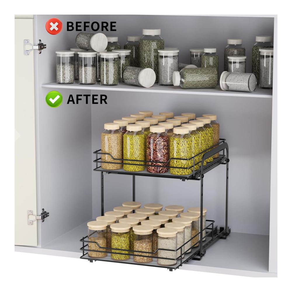 Ausziehbares Gewürzregal für Küchenschränke | 2 Etagen Organizer | Platzsparendes Spice Rack für Küchen | Anpassbarer Schrank Organizer | 26.4x23.2x23 cm | Einfache Montage | Robuste Konstruktion | Ideales Küchenzubehör
