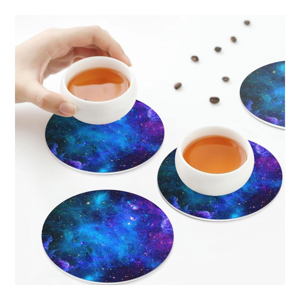 Entdecke die Schönheit des Universums 6er-Set Galaxie-Druck Leder-Untersetzer für Zuhause und Küche | Stilvolle Einweihungsgeschen