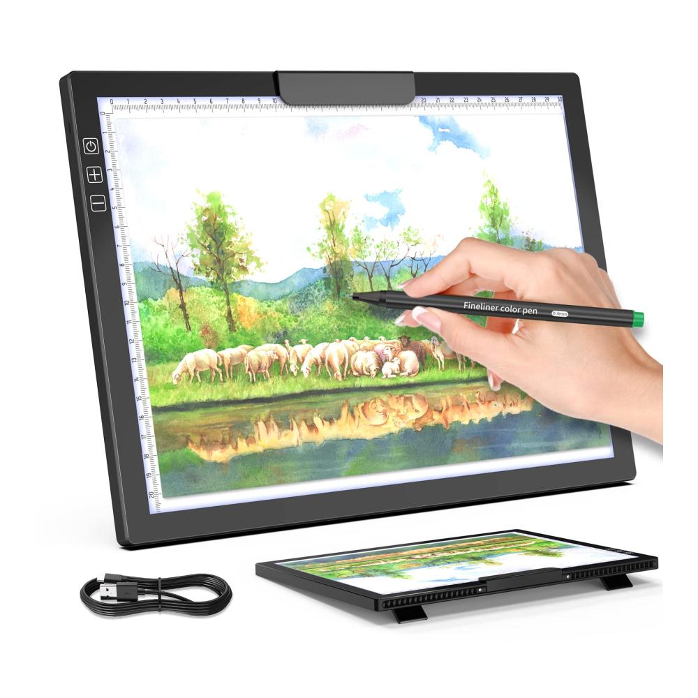 Wiederaufladbare Leuchtkästen Kabelloser A4 Leuchttisch mit LED-Licht Akku und Ständer – Ideal für Diamond Painting und Tracing – 6 Helligkeitsstufen Clip perfekt für Kinder (Schwarz