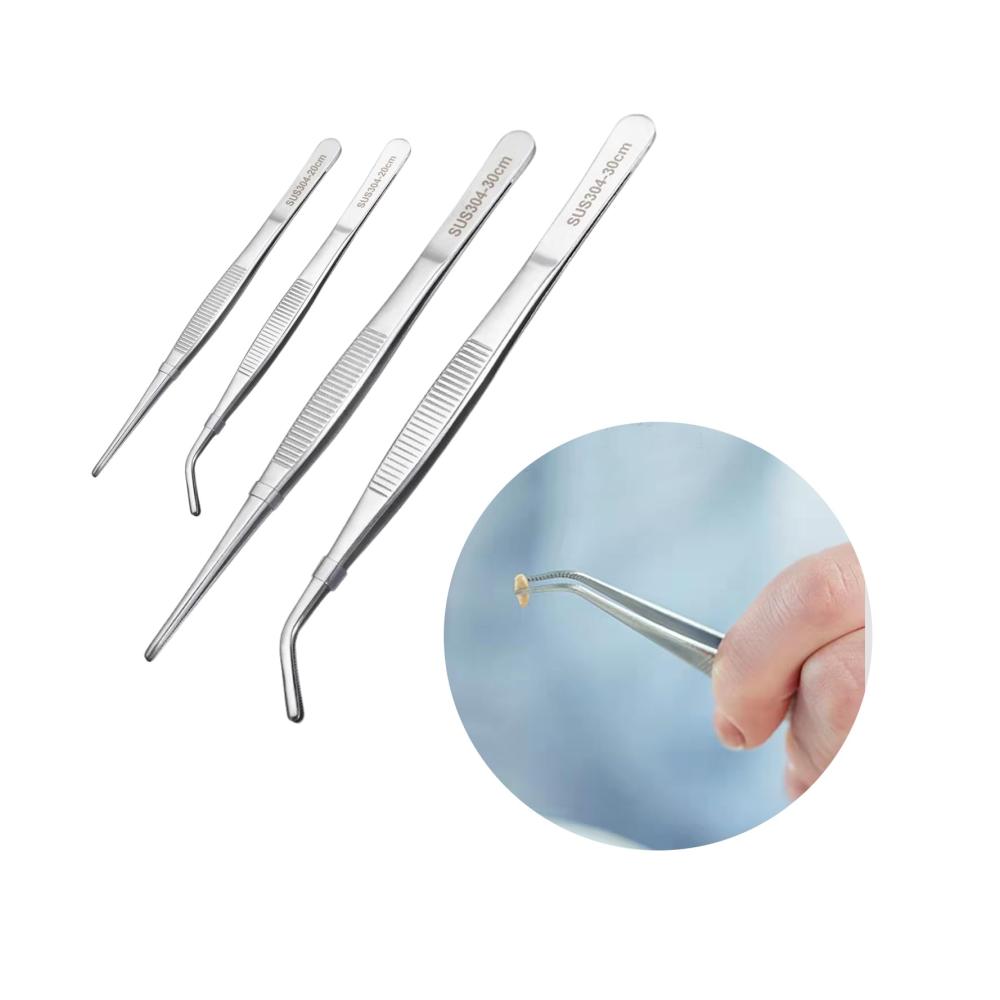 Premium Grill- und Küchenzangen Set 2 Ellbogen- und 2 Gerade Zangen aus Edelstahl für präzises Kochen - Fleisch Fisch Gemüse - Langlebig und vielseitig - BBQ Zubehör für Grill