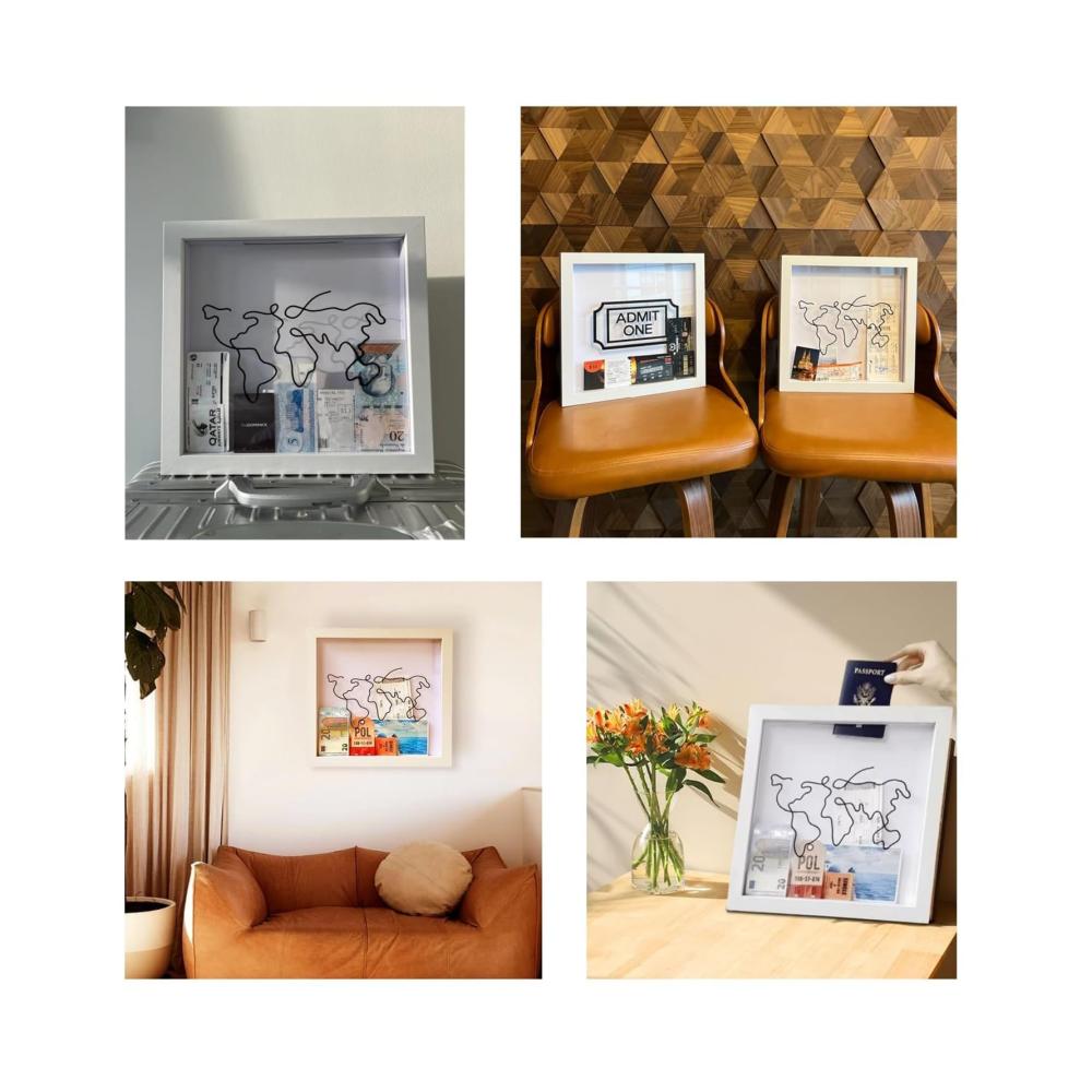 Kreativer Keilrahmen Reisemomente festhalten mit Weltkarten-Design für Abenteurer - Erinnerungen stilvoll präsentieren - Memory Box für Souvenirs Medaillen Tickets & Fotos (Schwarz