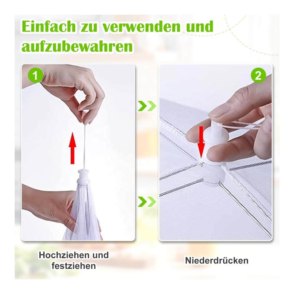 Premium Abdeck- & Fliegenhauben-Set 2 Stück Lebensmittel-Abdeckhauben mit Obstnetz für Fruchtfliegen-Schutz – Ideal für Picknick BBQ und mehr
