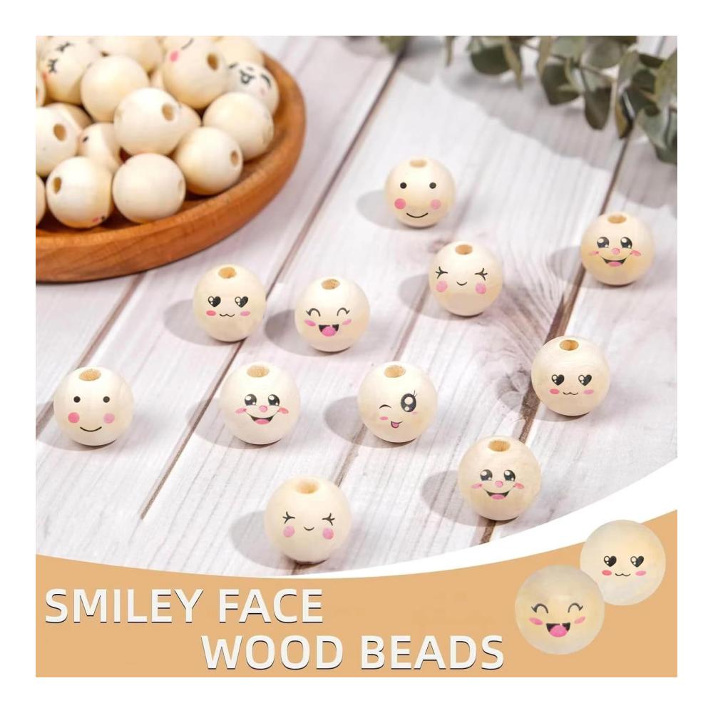 Perlenweben-Zubehör 80 Holzperlen 20mm mit Lächelnden Gesichtern & Engeln - DIY Bastelperlen für Handwerk und Dek