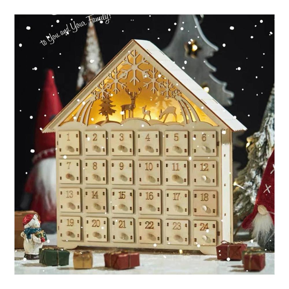 Dekorativer Adventskalender Holzhaus mit LED-Lichtern & 24 Aufbewahrungsschubladen | Weihnachtsdekorationen 2024 inklusive | Xmas-Haus