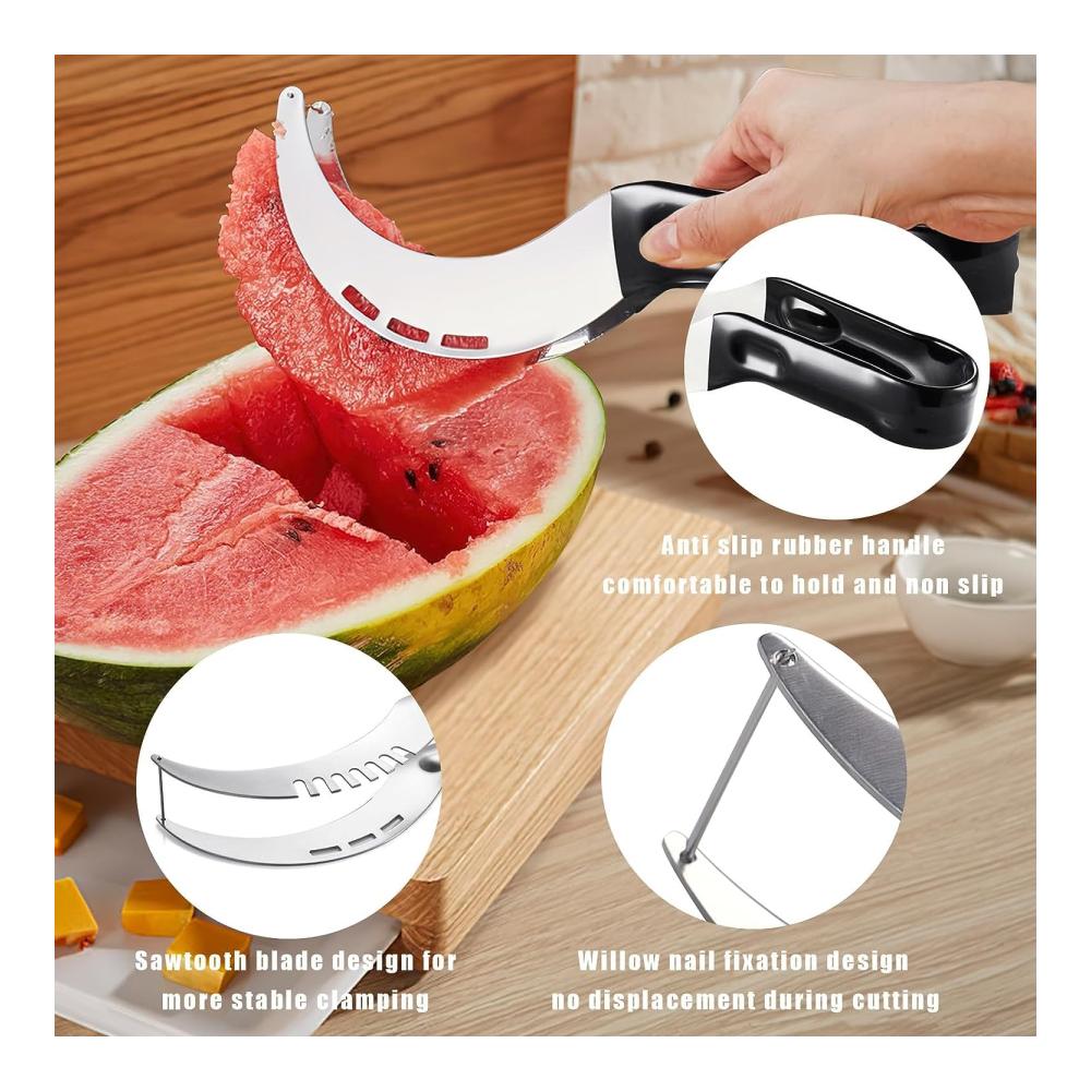 Hochwertiger Obstschneider aus Edelstahl | Melonenschneider mit hakenförmiger Klinge | Perfekt für Wassermelone Melone Drachenfrucht & Papaya (Schwarz) | Leichtes Schneiden und Servieren