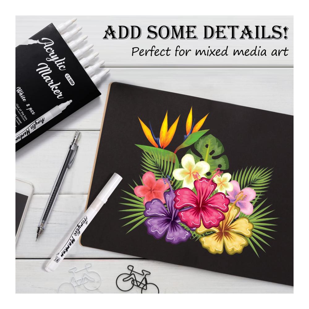 Kreativer White Pen Set - 8 feine Filzstifte für Skizzieren Zeichnen & mehr auf Holz Felsen Glas und mehr - Acryl Permanent Marker für schwarzes Papier