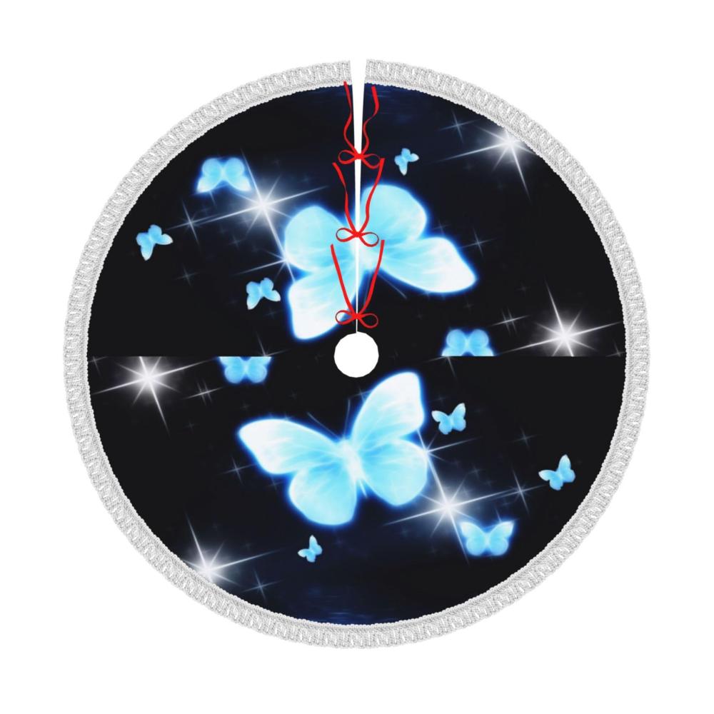 Personalisierte Weihnachtsbaumdecke für drinnen und draußen – Verdickte Weihnachtsbaummatte mit blauem Schmetterlingsmuster – Ideal für Zuhause Partys und Feiertagsdekorationen
