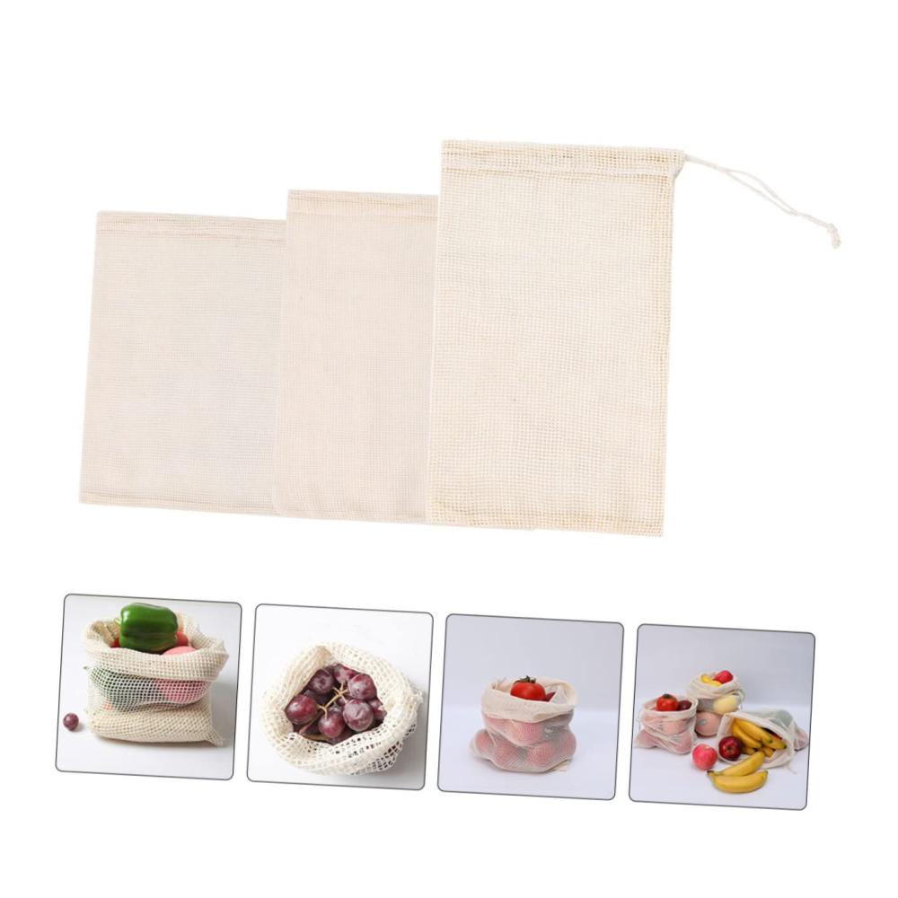 Entdecken Sie die Nachhaltigkeit 3er Set Wiederverwendbare Baumwollnetz Taschen mit Kordelzug - Umweltfreundliche Einkaufstaschen für Markt und Haushalt - Ideale Netztaschen für Gemüse und stilvolles Wohnen