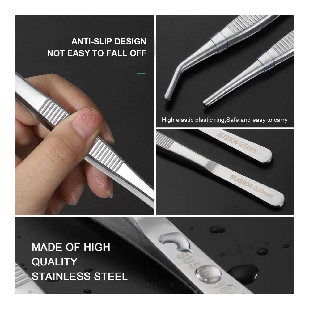 Premium Grill- und Küchenzangen Set 2 Ellbogen- und 2 Gerade Zangen aus Edelstahl für präzises Kochen - Fleisch Fisch Gemüse - Langlebig und vielseitig - BBQ Zubehör für Grill