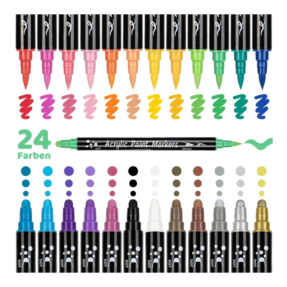 Premium Acrylstifte Set - 24 wasserfeste Marker & Filzstifte für Steine Holz Papier & mehr! Dual Tip für präzises Malen. Ideal für Kunstprojekte DIY und Kinder. Schnelltrocknend & langlebig