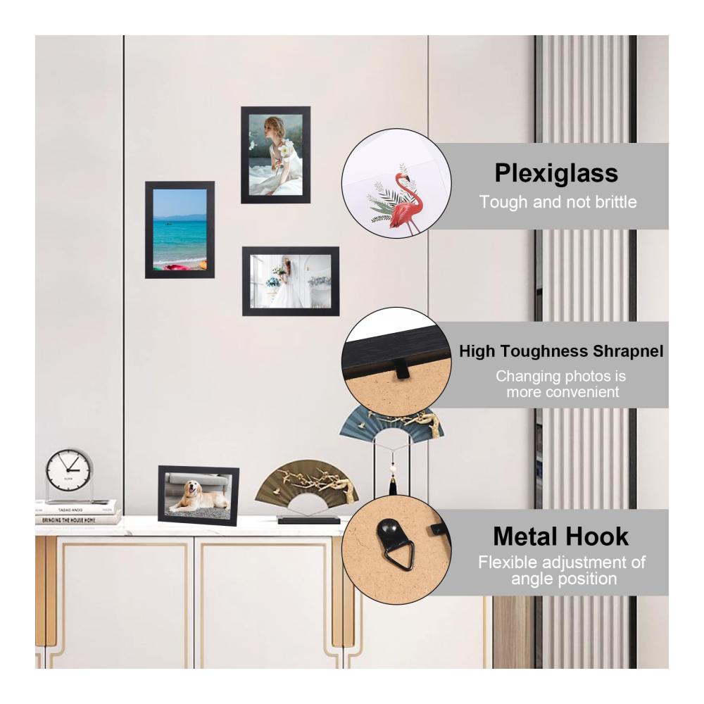 Hochwertiges 4er Set Bilderrahmen 10x15 cm - Schwarz Holzbilderrahmen für Wand & Tischdekoration - Ideales Geschenk für Fotoerinnerungen