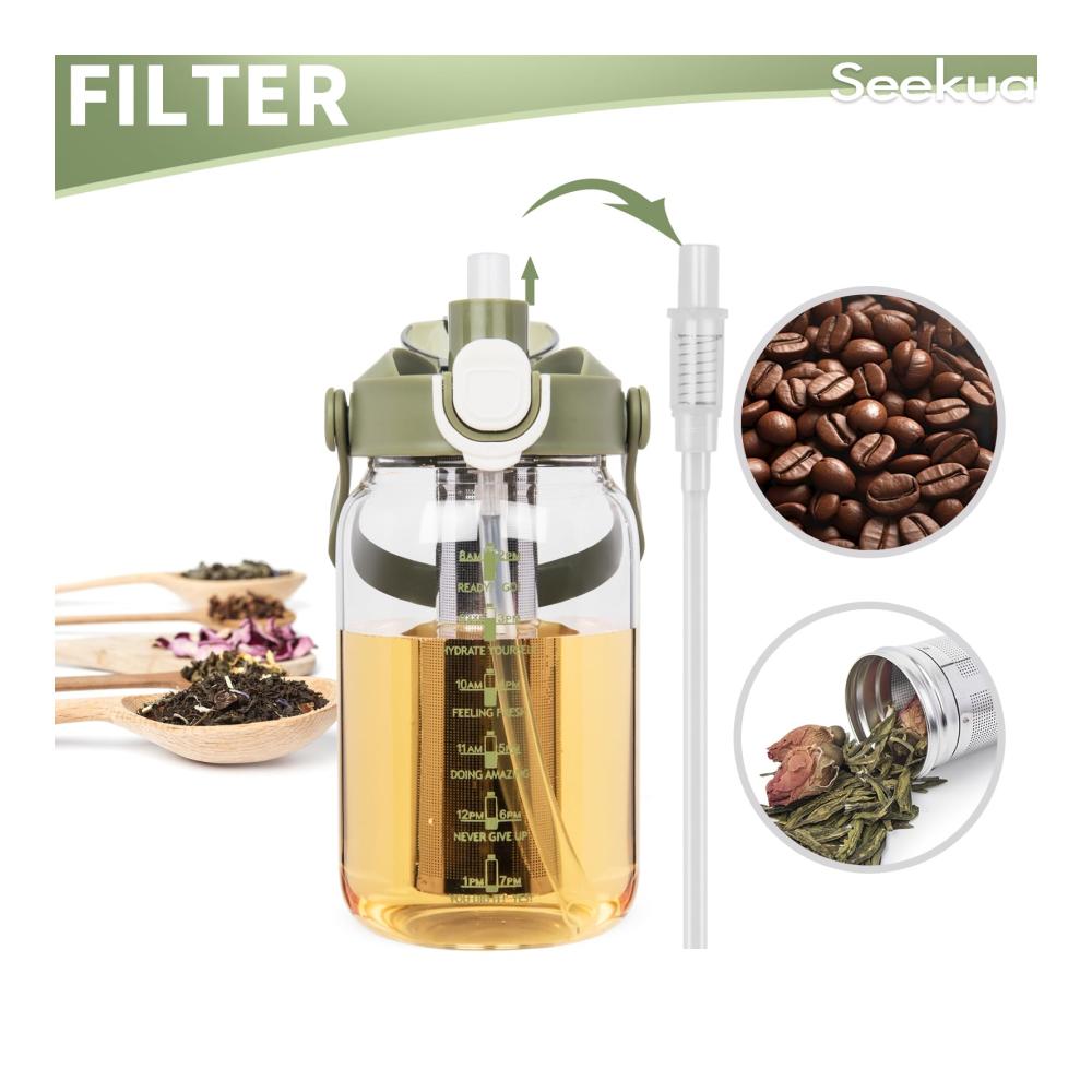 Seekua 1l Glas-Trinkflasche mit Strohhalm & Filter | Wasserflasche für kaltgebrühten Kaffee Eistee & mehr | Wassersprudler -filter & -kartuschen inklusive | Nachhaltige 1 Liter Flasche