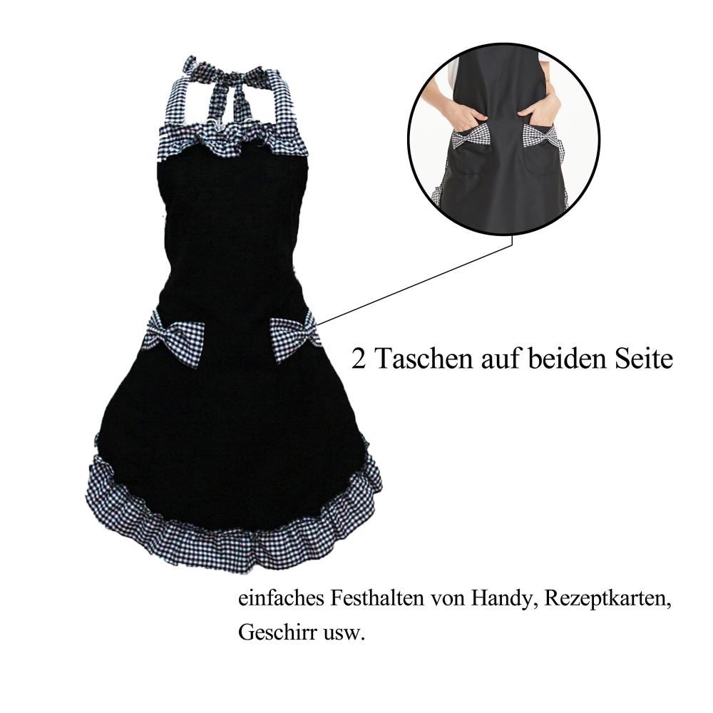 Exquisite Kochschürze für Damen – Elegante Schwarz Verstellbare Küchenschürze mit Petticoat Taschen und Bowknot-Schleife – Perfekt zum Kochen Backen und Grillen – Stilvolles Geschenk für kulinarische Genießerinnen