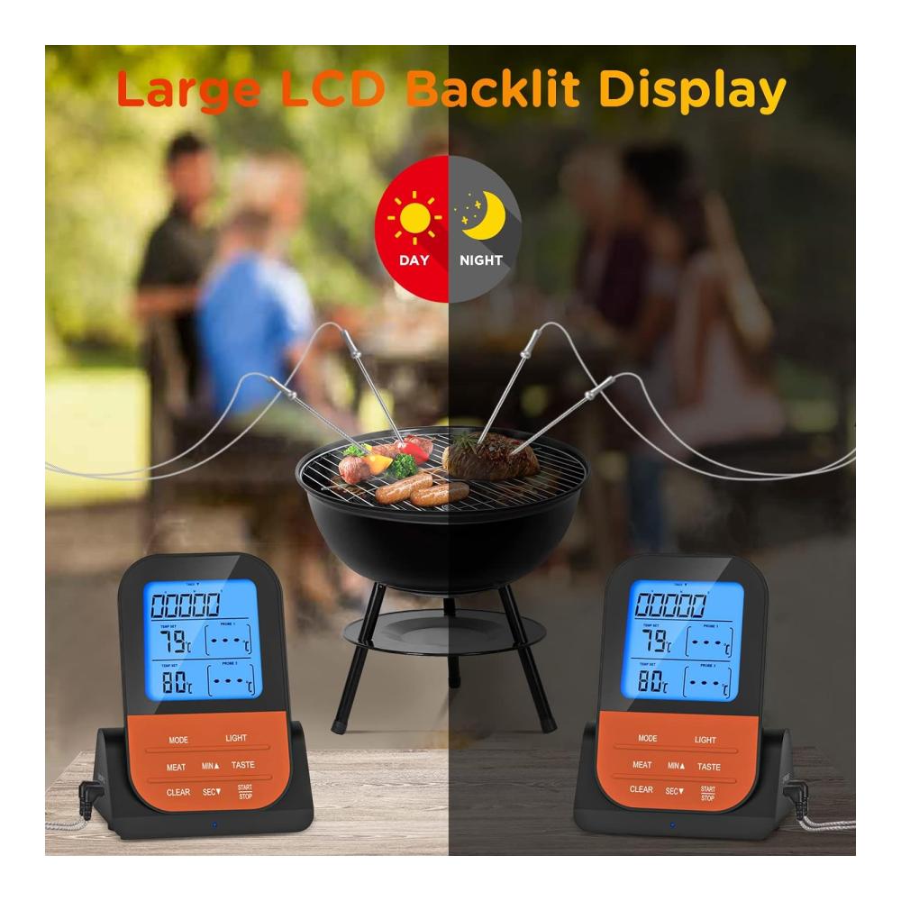 Digitales Bratenthermometer mit Timer kabellos LCD-Display und 2 Sonden für BBQ Grill und Backofen - Fleischthermometer für perfekte Kerntemperatur - Grillzubehör inklusive Funktechn
