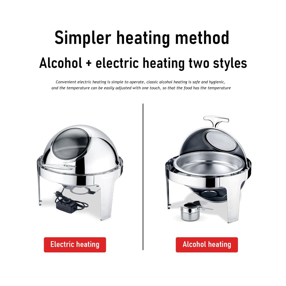 Entdecken Sie die Eleganz Stövchen & Speisewärmer - Innovatives Chafing Dish Warmhaltegerät mit 6L Fassungsvermögen Edelstahl-Rundbehälter und Rolldeckel. Perfekt für stilvolles Servieren und warmhalten