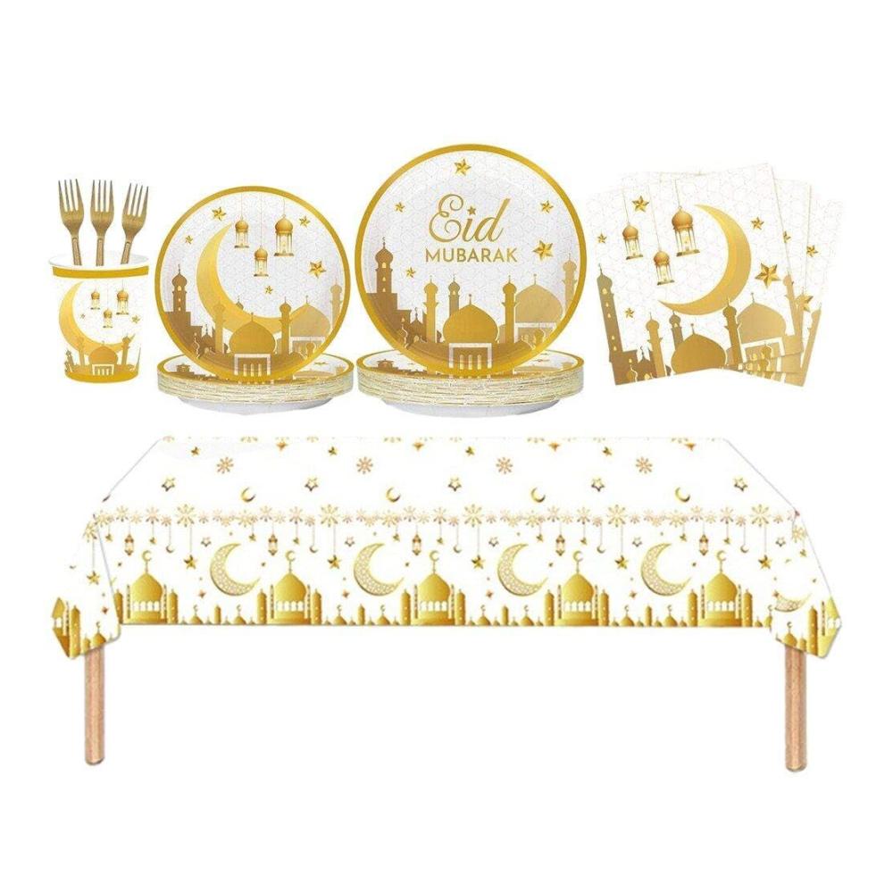 Entdecken Sie exquisite Teller 8-teiliges Mubarak Tableware Party-Set mit 49 Stück Papiergeschirr für die perfekte Eid-Zeremonie. Stilvolle Papierplatten Servietten und Pappbecher für unvergessliche Feierlichkeiten! Hochwertiges Design für Ihre festlichen Bedürfnisse