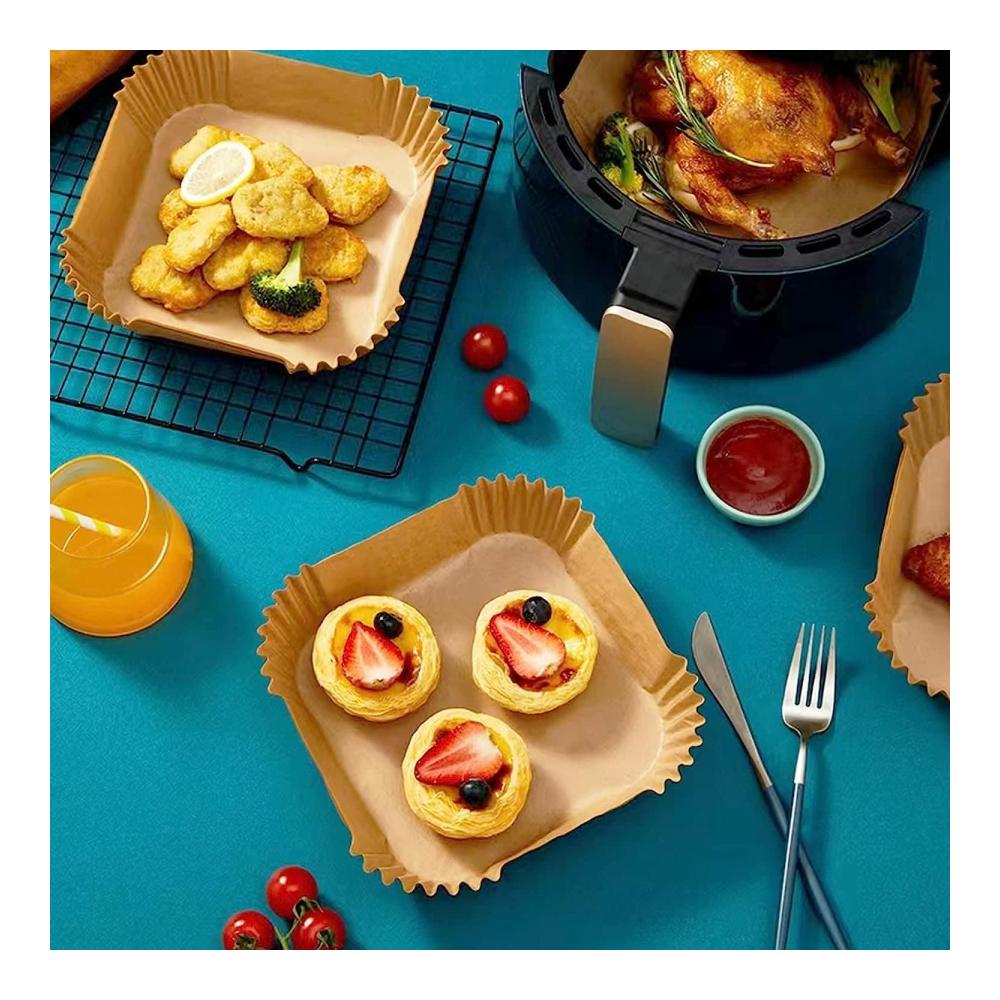 Backpapier für Heißluftfritteuse - 120 Stück quadratisch wasserdicht ölfest. Ideal für Airfryer Ofen und Mikrowelle. Antihaftbeschichtetes Pergamentpapier für einfache Reinigung und perfekte Ergebnisse beim Kochen