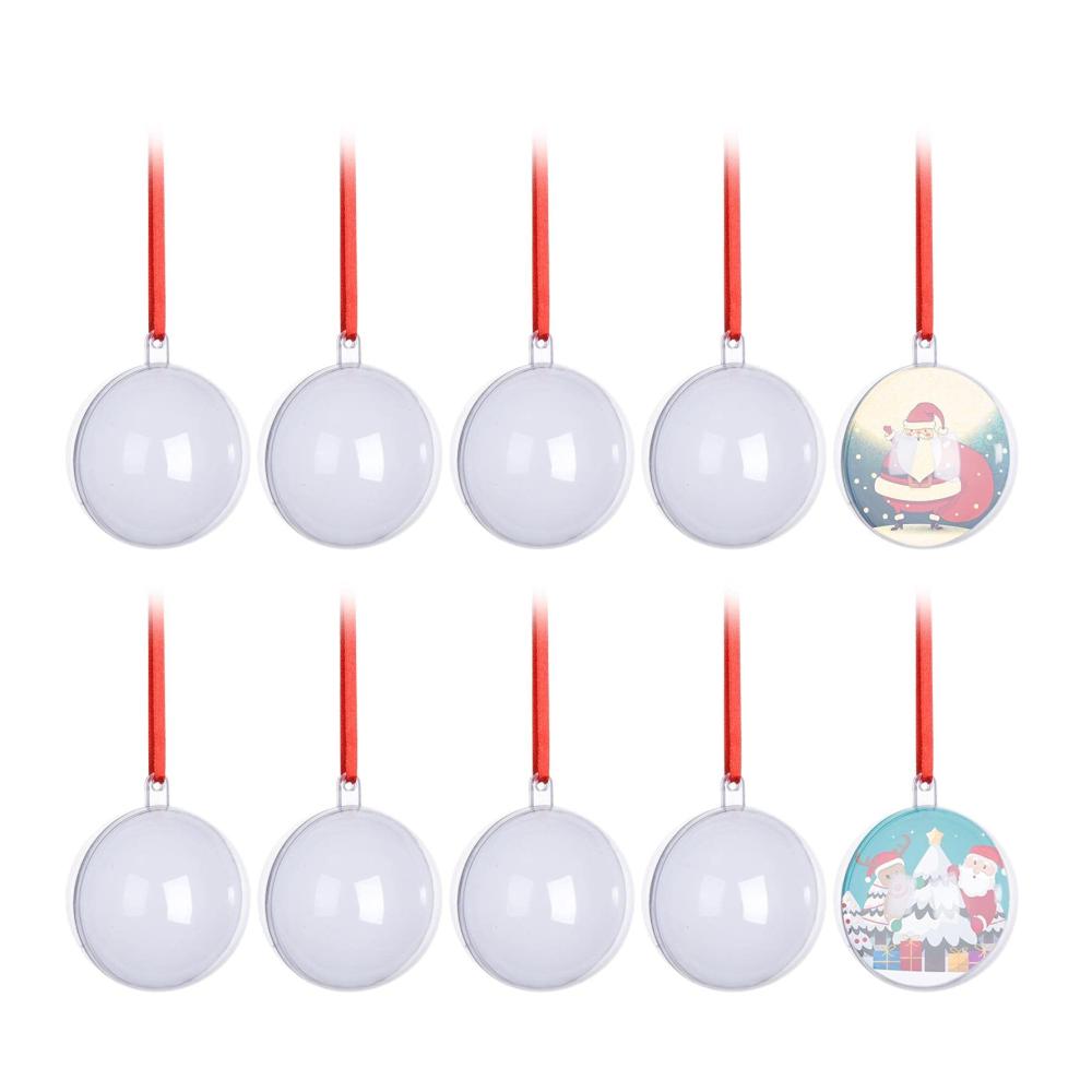 10 Stück Weihnachtlicher Baumschmuck Anhänger | Doppelseitig Personalisierbar MDF Sublimationsdruck | Transparente Kugel | Blanko Weiße Deko (2024