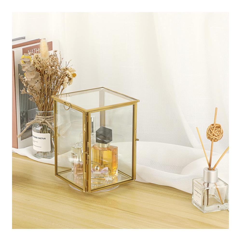 Goldener Glaswürfel Botanische Probe Fotorahmen Ewige Blume Probe Box mit 360 Grad drehbaren Basis Foto Kosmetik Pinsel Veranstalter 4x6inch für Wand- & Tischrahmen - Hochwertiges Design für zeitlose Erinnerungen und organisierte Schönheit