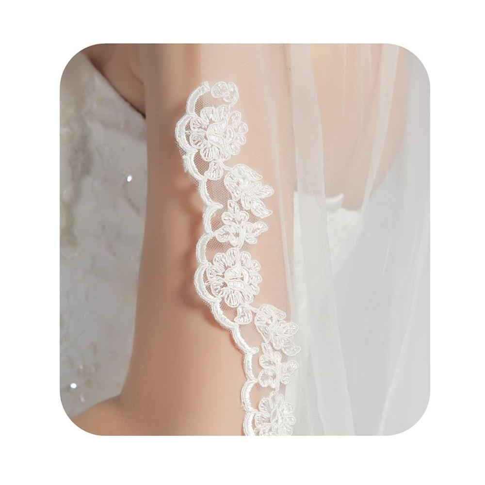 Eleganter Brautschleier aus weichem Tüll mit Spitzenborte und Metallkamm - Perfektes Accessoire für die Braut zur Hochzeit - Lang & Kurz in Weiß oder Ivory - 1 Schicht - V79