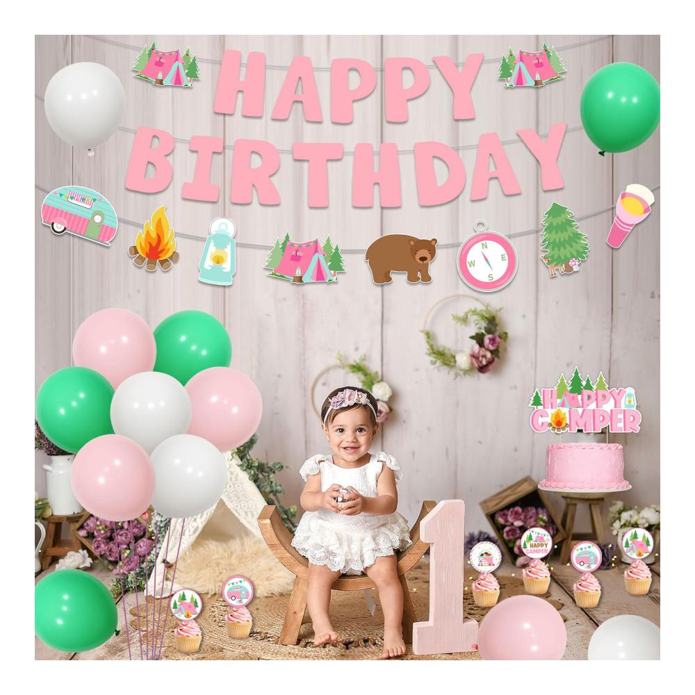Luftballons Set für Mädchen Geburtstag | Rosa Camper-Thema | Banner Girlande & Kuchenaufsätze inklusive | Camping-Motto Safari Dekorationen für den ultimativen Geburtstagss