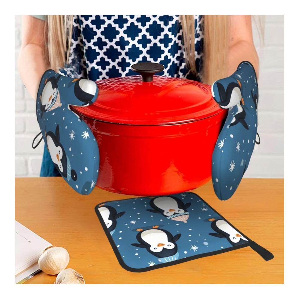 Kuschelige Ofenhandschuhe mit niedlichem Pinguin & Schneeflocken Design | Wasserdichtes Set mit 3 Handschuhen für Backen Grillen & Mikrowelle | Hitzebeständige Küchenhandschuhe für maximalen Schutz