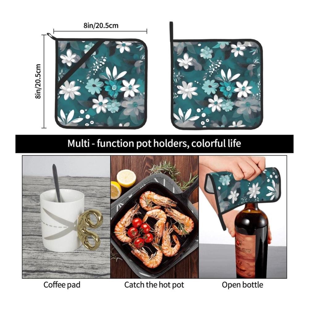 Isolierte Topflappen-Set (2-teilig) 203 x 203 cm Blaugrün/Weiß Blumendruck dick & langlebig - Verbrühungssicher & leicht zu reinigen - Perfekter Schutz für Ihre Hände beim Kochen & Backen