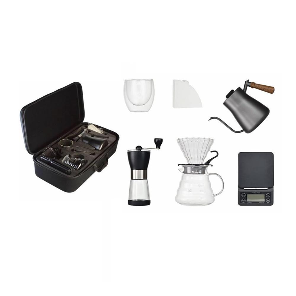 Premium Reise-Kaffeekanne mit Kaffeekessel Tropfbecher tragbarer Bohnenmühle & Filterpapier - 8-in-1 Set für unterwegs - Tee- & Kaffeekannen für perfekten Genuss überall