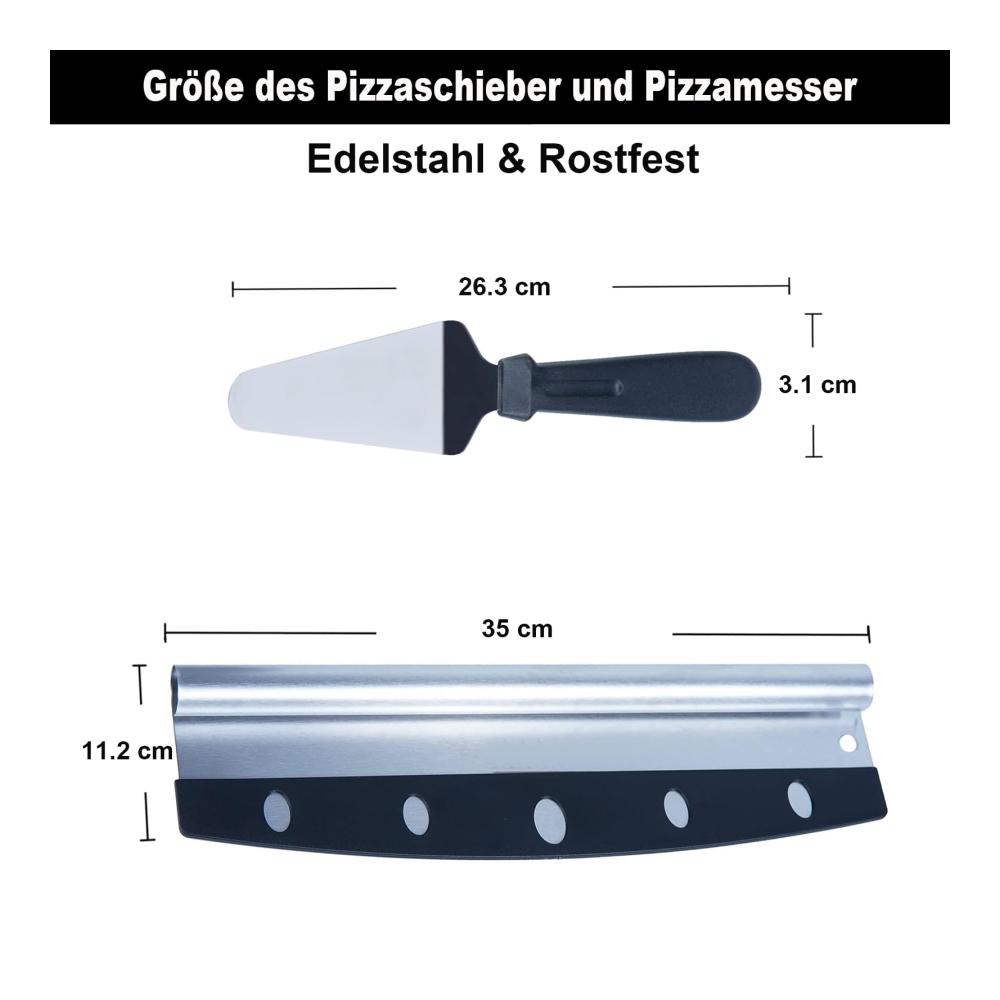 Premium Pizzastein-Set mit Extra Großem Aluminium Pizzaschieber (35.7x30.5cm) Einklappbarem Holzgriff & Pizzamesser - Ideale Pizzaschaufel für Grill & Ofen Perfekt für Große Pizzas