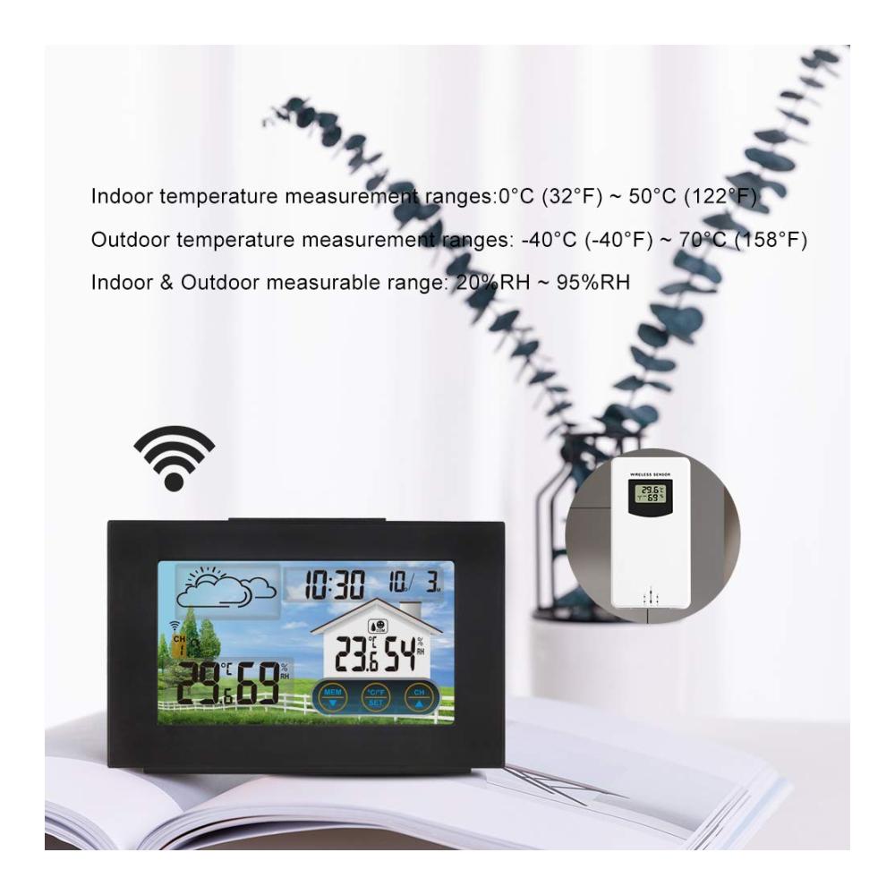 Maximale Präzision Wetterstation mit Außensensor Funk Digital Farbdisplay Thermometer-Hygrometer Wettervorhersage Datum Wecker | Multifunktionale Funkwetterstation für Innen und Au