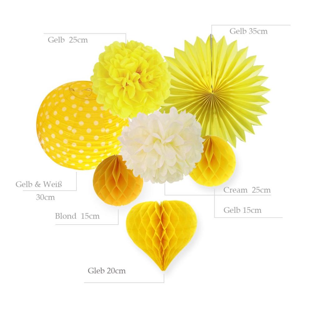 Magische Zeremonie 7-teiliges Set Gelb Serie Papier Lampion PomPoms Wabenbälle Fächer für Party Dekoration und Feiern