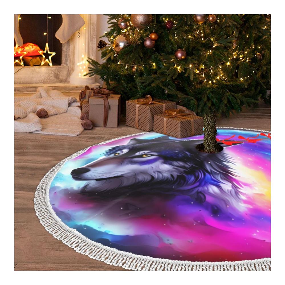 Lila Blau Universum Wolf Weihnachtsbaum Rock mit Quaste 48 Zoll Weihnachtsbaum Matte Abdeckung Bauernhaus Weihnachtsbaum Rock für Xmas Decor Festliche Urlaub Weihnachtsdekorationen | Luxuriöse Weihnachtsbaumständerhüllen für stilvolle Festlichkeit