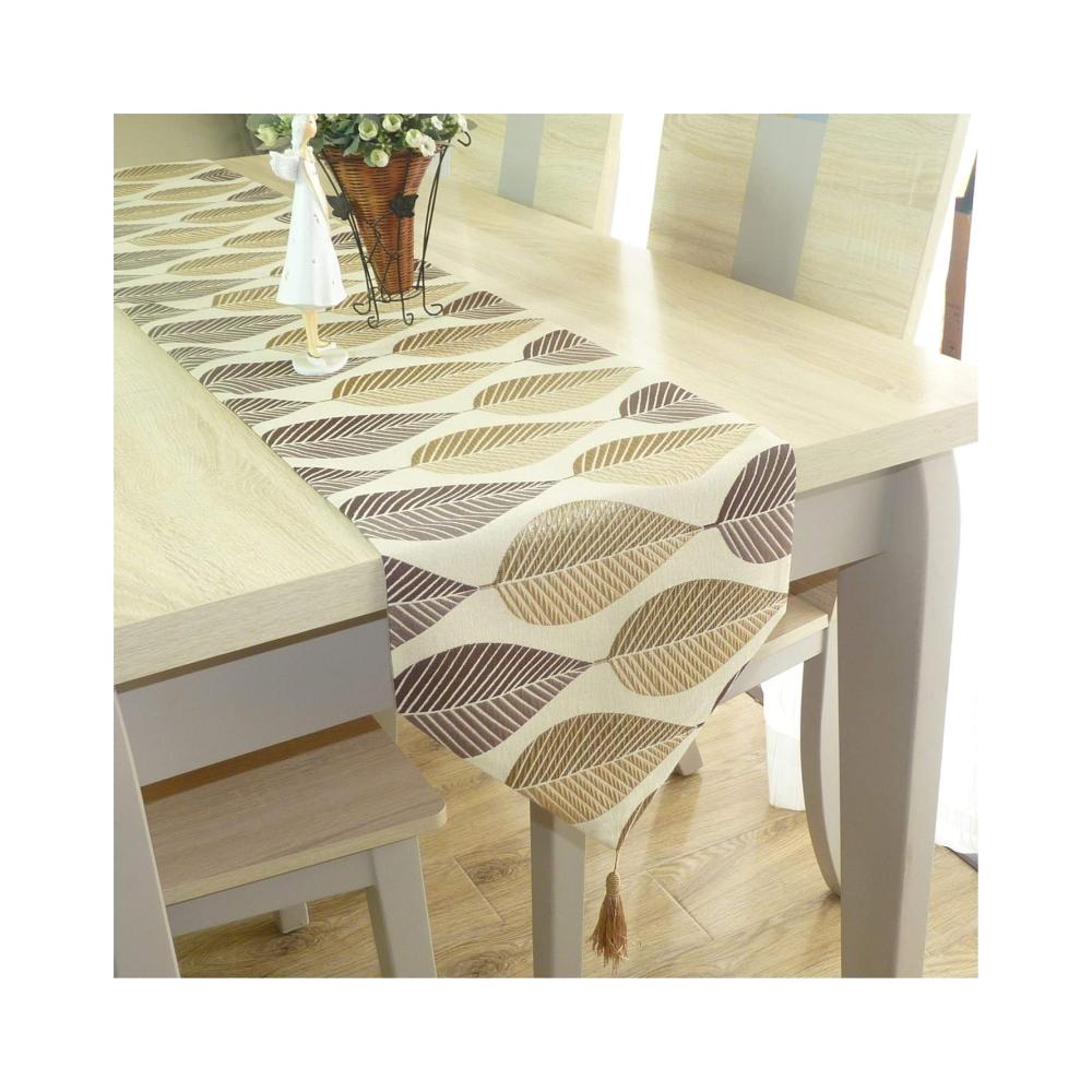 Deko Tischläufer Hellbraun Blätter-Muster 160cm Baumwolle Leinen für Hochzeiten & Partys – Stilvoller Tischschmuck