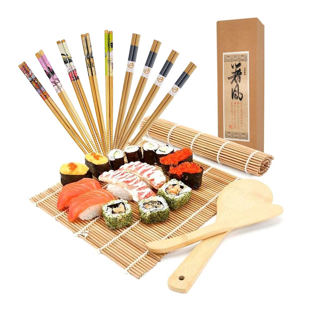 Sushiteller Deluxe Set - 13-teiliges Kit mit Bambus Sushi Matte Karbonisierter Rollmatte Vorhang Maker für Anfänger 2 Rollmatten 10 Paar Essstäbchen Reisstreuer Paddel - Alles was Sie für perfektes hausgemachtes Sushi benötigen