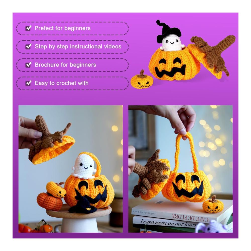 Entzückendes Häkelset DIY Halloween-Kürbis & Tier-Designs für Anfänger | Komplettes Bastelstarter-Set mit Anleitung | Ideales Geschenk für kreative Erwachs