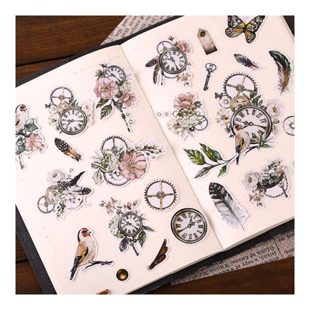 Aquarell Vintage Retro Blume Vogel Uhr Botanischer Planer Sticker Set - DIY Scrapbooking Dekor Aufkleber für Tagebuch Notizbuch Kalender & mehr - Perfekte Geschenkidee für Kreative