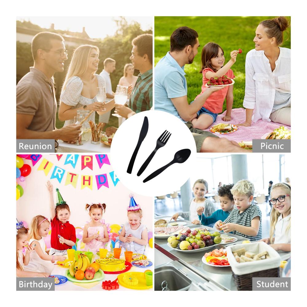 150er Set Premium Plastikbesteck | Wiederverwendbare Gabeln Messer Löffel | Schwarzes Party Besteck für stilvolle Familienfeiern und Outdoor Dinner | Hochwertige Qualität | Umweltfreundlich und praktisch