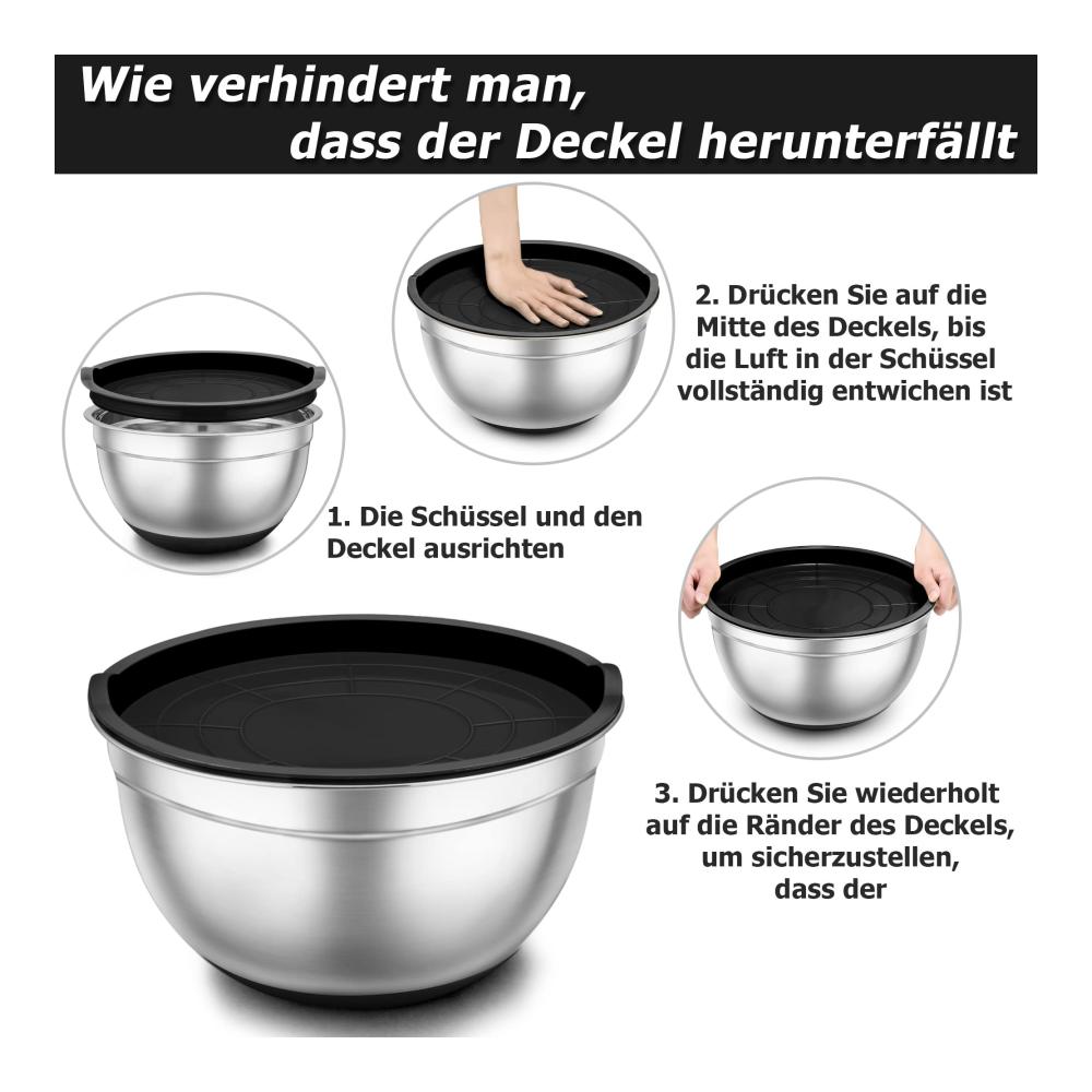 Premium Rührschüssel-Set aus Edelstahl mit luftdichten Deckeln und Silikonböden | Stapelbar & Spülmaschinenfest | 7-teilig in verschiedenen Größen | Praktisch für Küche und Backen | Schwarz