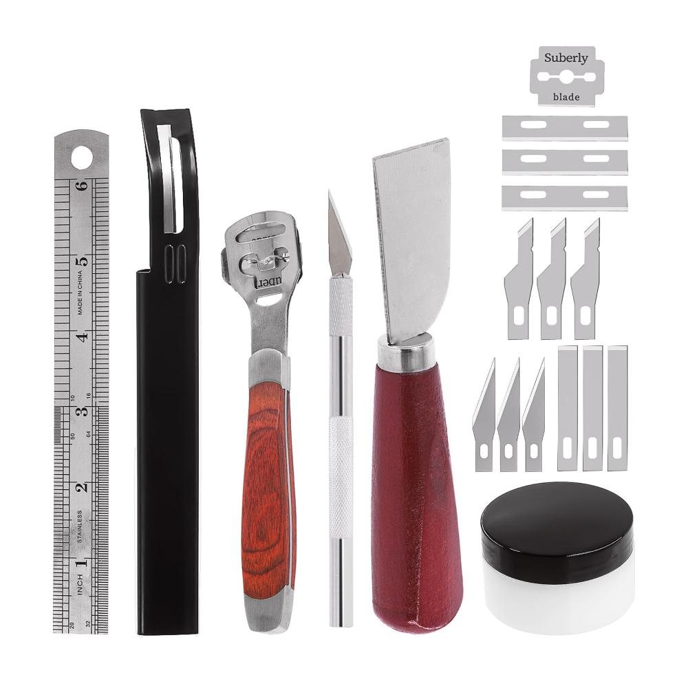 Entdecken Sie das ultimative Zubehör für Lederarbeiten 22Pcs Metall Leder Skiver Set mit Schneidemesser Lineal Schnitzmesser und mehr - Perfektes Werkzeug für präzise Ergebnisse und professionelle Oberflächenbearbeitung
