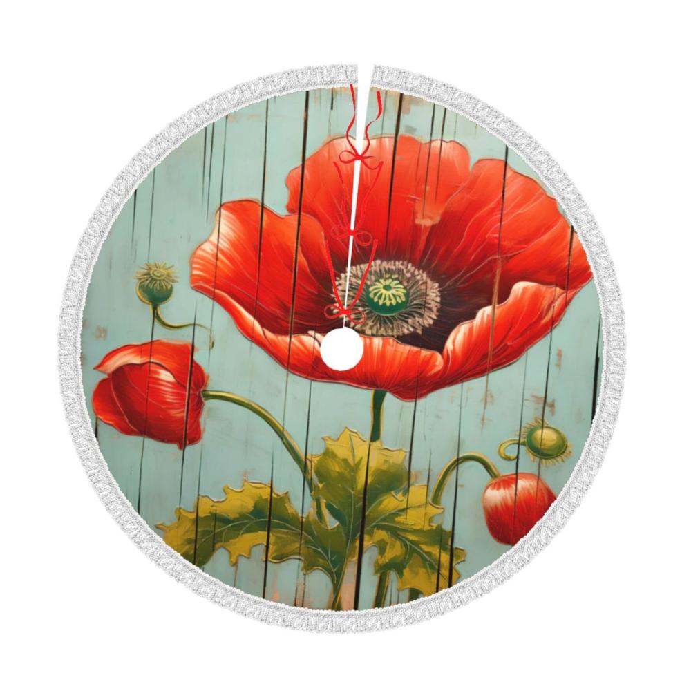 Rustikaler Weihnachtsbaumständer Poppy Old Wood Panel Painting Weihnachtsbaumständer mit Quaste 48 Zoll - Bauernhaus Weihnachtsbaumständer für festliche Xmas-Dekoration