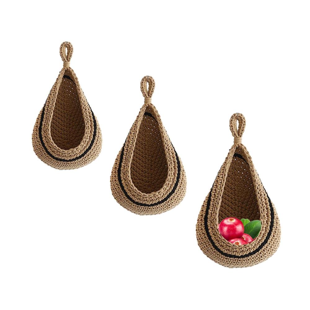Handgewebte Obstkorb Hängekörbchen Set - Dekoratives Boho-Design für Küche und Bad - Perfekt für Hängeaufbewahrung - 3 Stück Wandkörbe