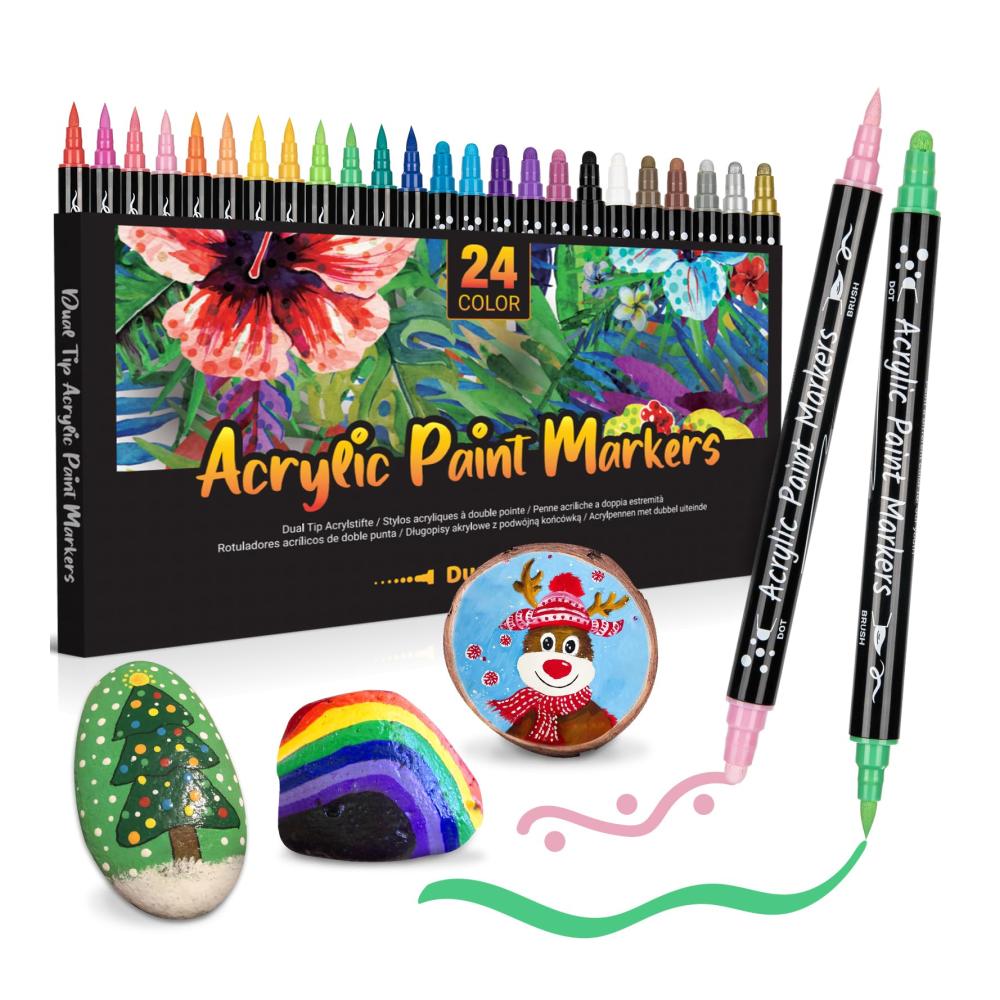 Premium Acrylstifte Set - 24 wasserfeste Marker & Filzstifte für Steine Holz Papier & mehr! Dual Tip für präzises Malen. Ideal für Kunstprojekte DIY und Kinder. Schnelltrocknend & langlebig