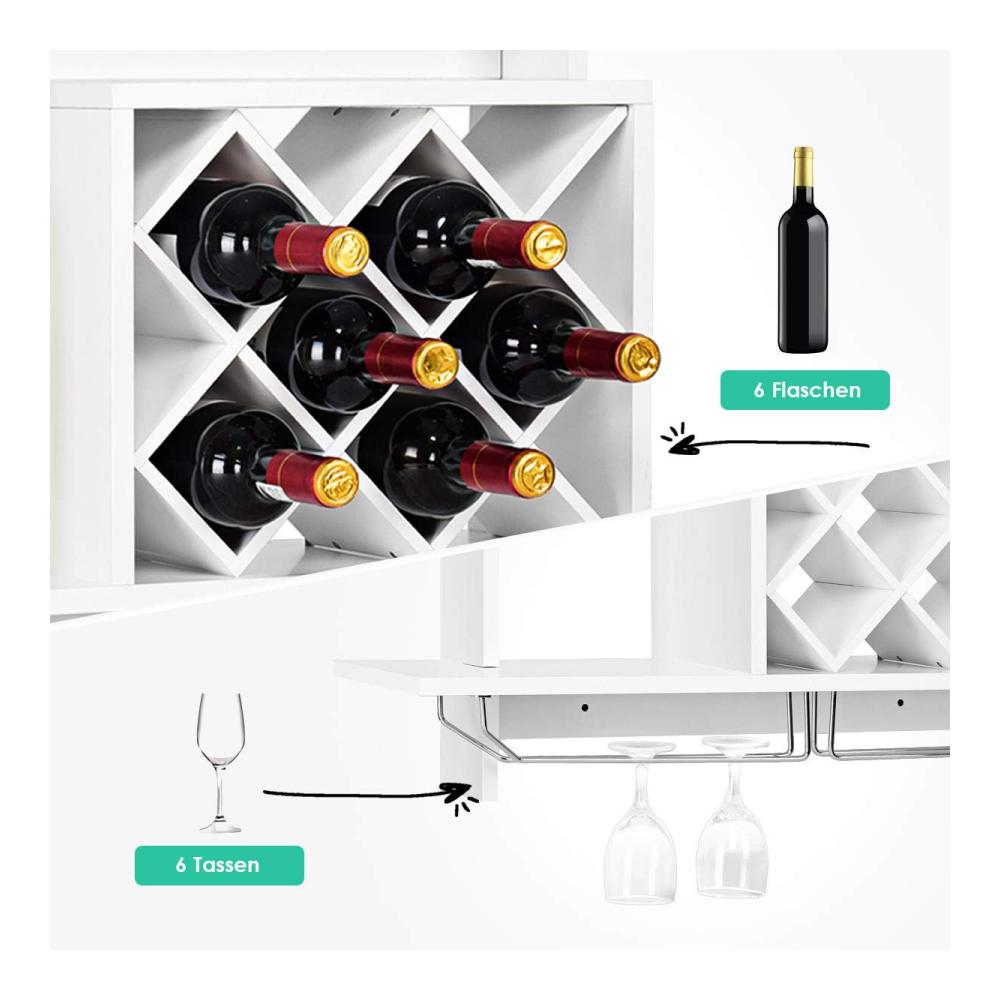 Entdecken Sie Eleganz Weinregal Holz Flaschenregal mit Weinglashalter - Stilvoller Weinständer für 6 Weinflaschen - Schweberegal für Esszimmer Küche Wohnzimmer & Kaffeestube - Platzsparendes Hängeregal zur Wandmontage in Weiß. Organisieren Sie Ihren Wein stilvoll
