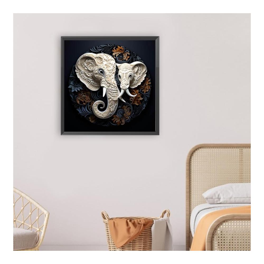 Kreatives DIY-Glasmalerei-Set 5D Diamantgemälde - Weiße Elefant-Reliefs im runden Bohrer-Stil für Heimdekoration - 30 x 30 cm