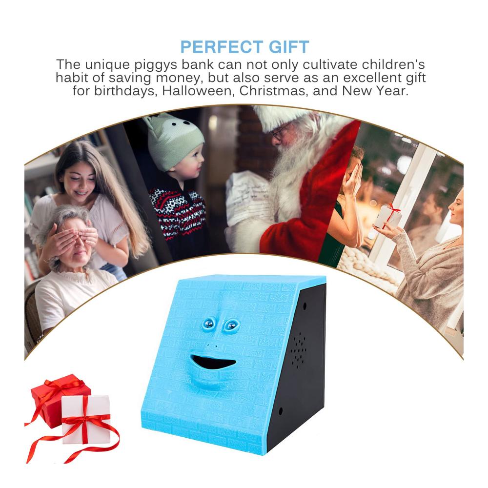 Kinderzimmer Deko Lustige Gesichtsbank Spardose - Automatisches Münzen-Essen & Musikspiel - Tolles Geschenk für Kinder - Batteriebetrieben (Blau