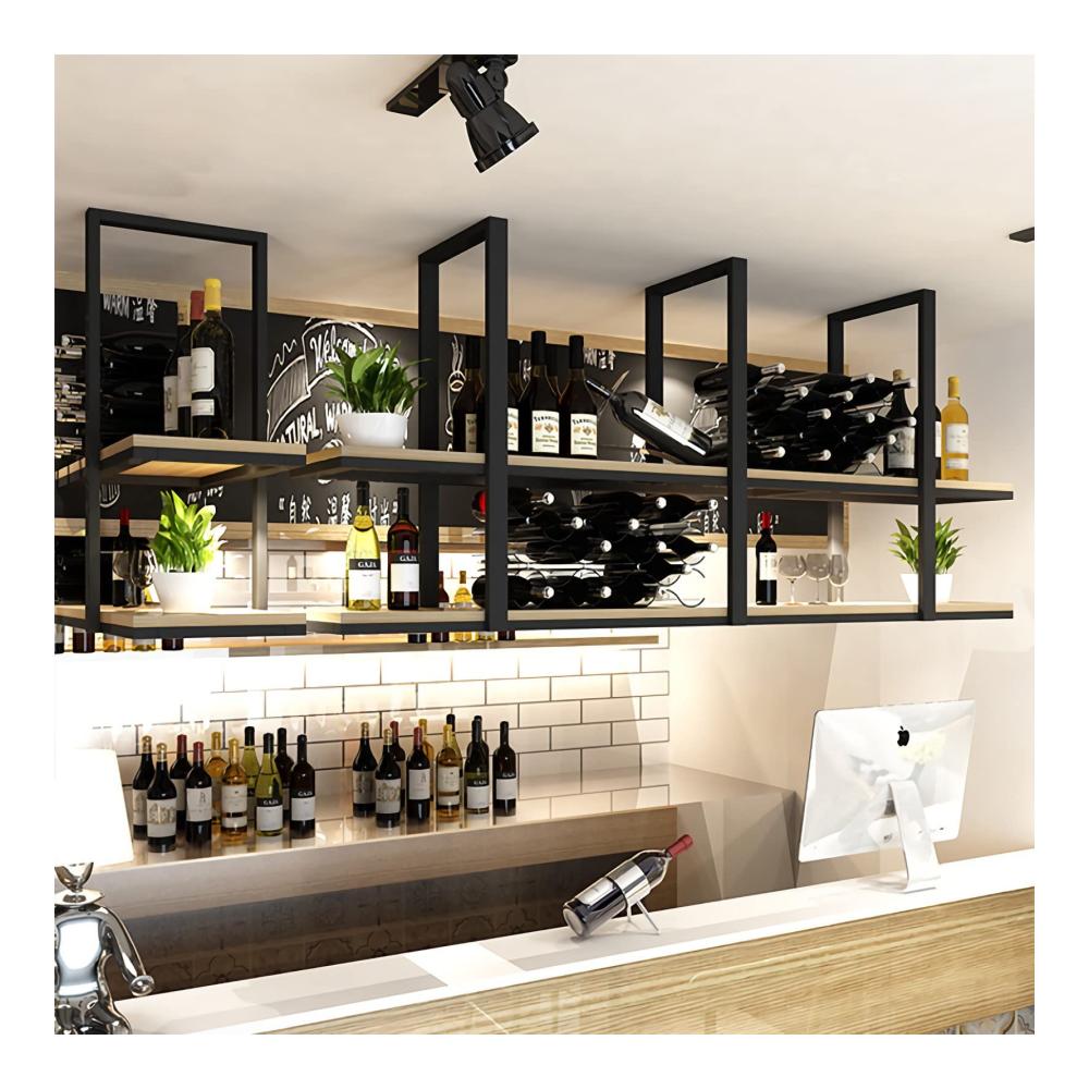 Weinschränke & Weinregale - Stilvolles 2-stöckiges Hängeregal für Deckenmontage platzsparende Lagerung von Weinflaschen Pflanzen und Büchern. Metallständer in Schwarz ideale Lösung für Restaurant Bar & Cafe. 100cm schwebendes Weinregal