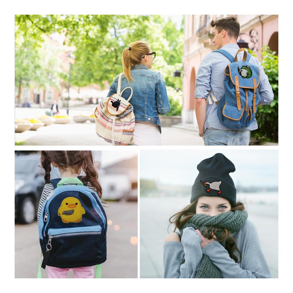 Gestickte Applikationen Set Hochwertige Klettverschluss-Patches mit lustigen Motiven – Gans Ente Frosch Katze. Ideales Bekleidungszubehör für Jeans Hemden Hüte und Rucksäcke. 4er-Pack für kreative Individualität