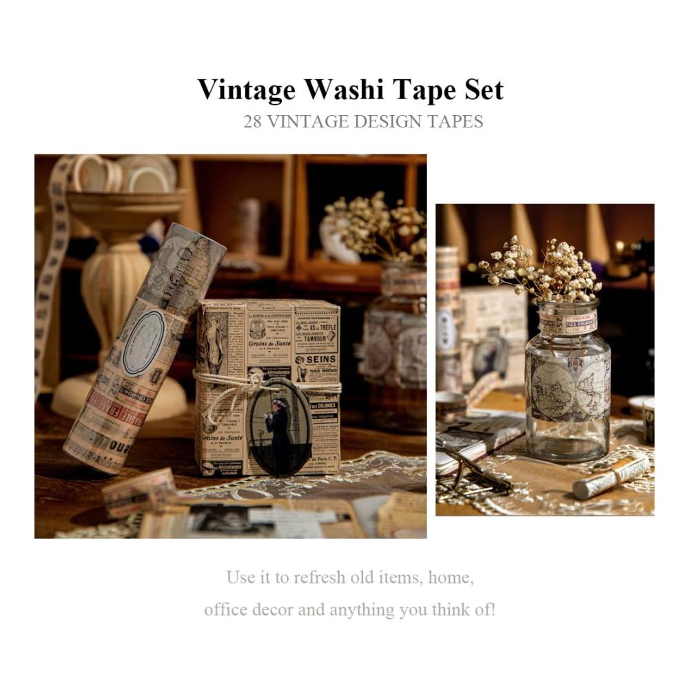 Klebeband Set 28 Rollen (je 2m) Vintage Washi-Tape für DIY Scrapbooking & Dekoration – Nostalgischer Stil für Bullet Journals Geschenkverpackungen & mehr